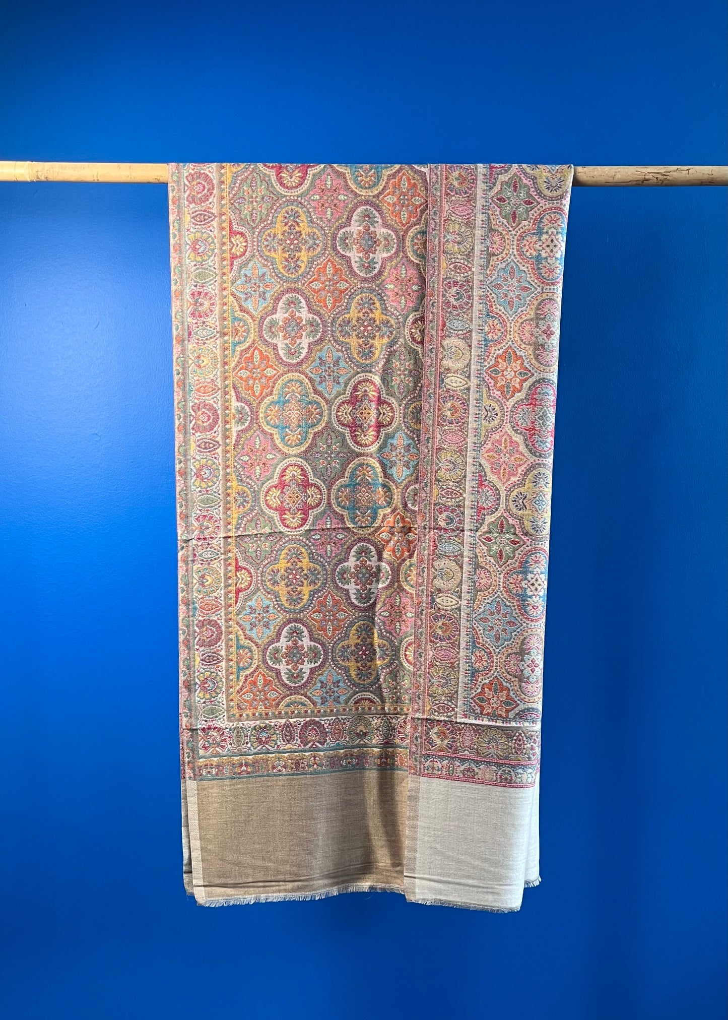 Wool Tencel Wide Scarf in Dk. Beige- Pattern 1