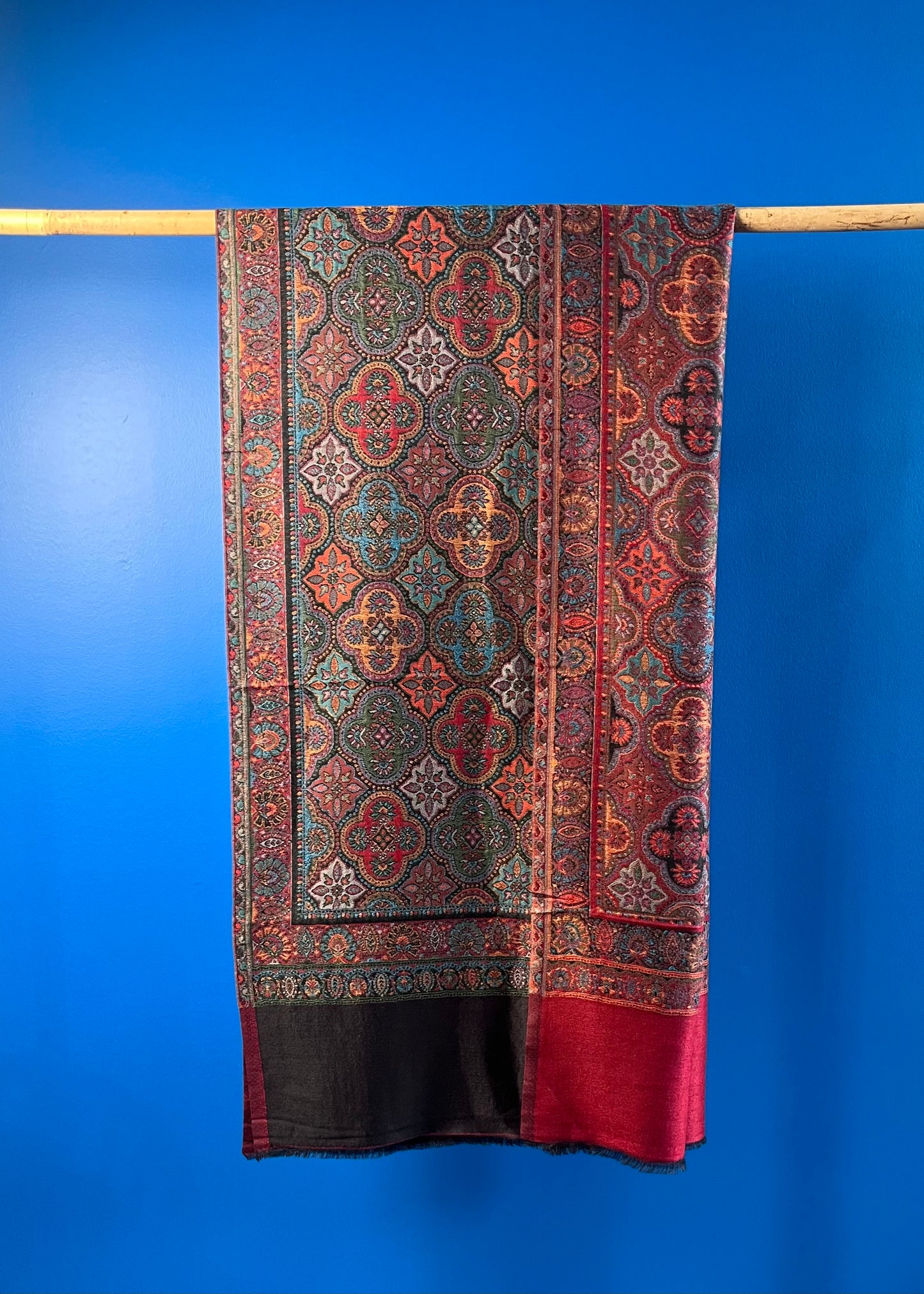 Wool Tencel Wide Scarf in Red Black- Pattern 1