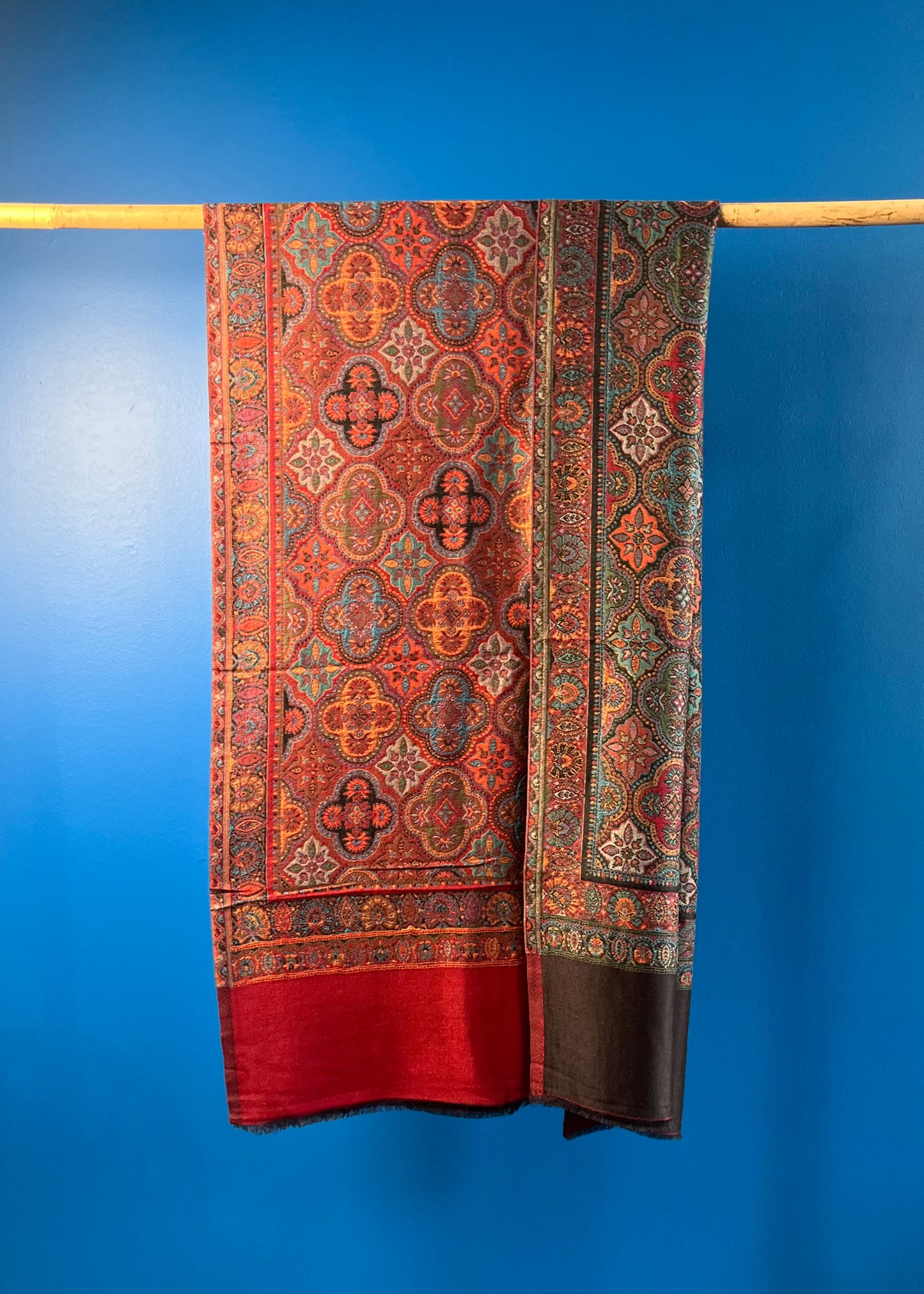 Wool Tencel Wide Scarf in Red Black- Pattern 1