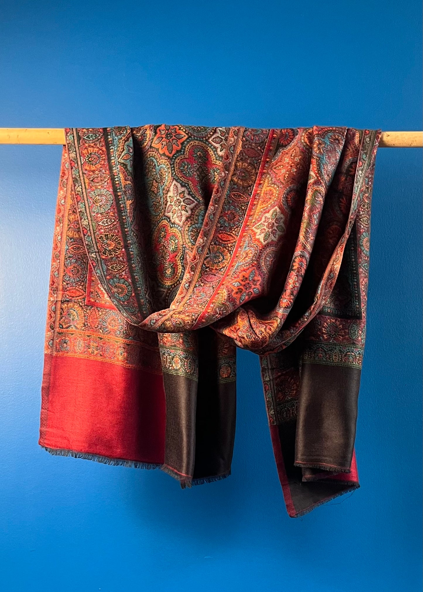 Wool Tencel Wide Scarf in Red Black- Pattern 1