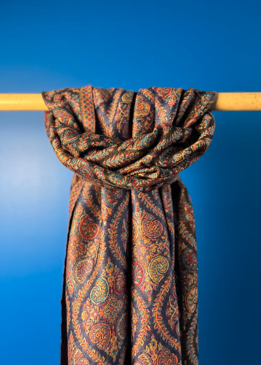 Wool Tencel Wide Scarf in Navy Blue Black- Pattern 2