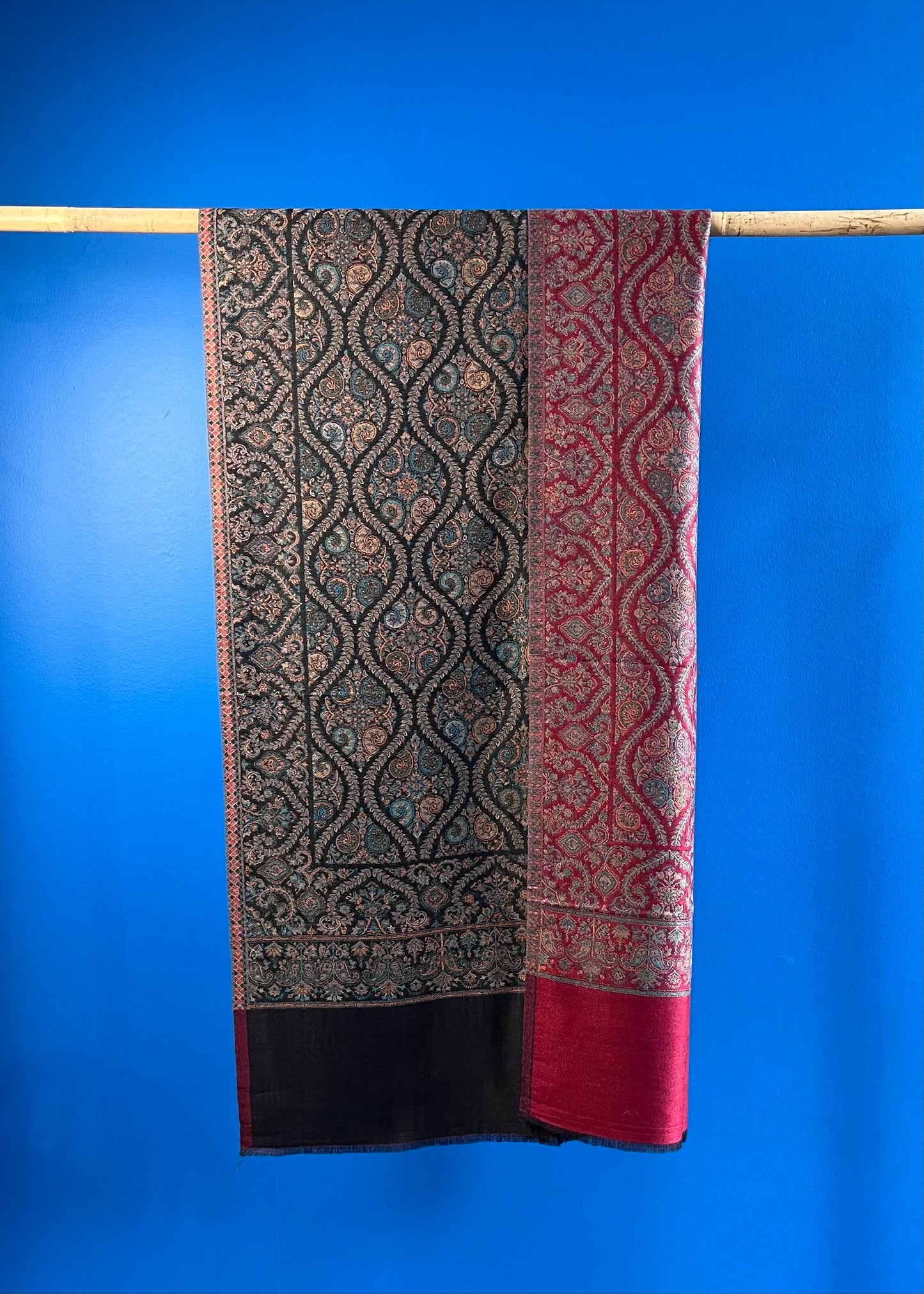 Wool Tencel Wide Scarf in Red Black- Pattern 3