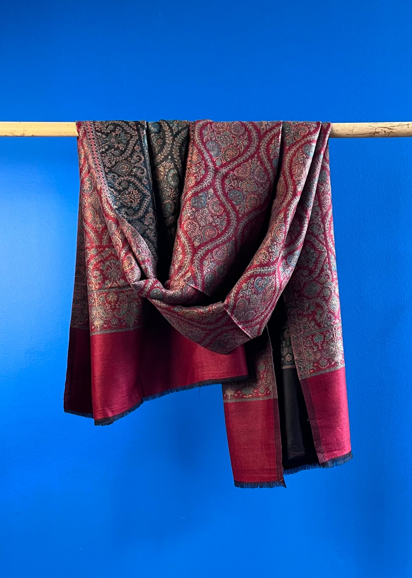 Wool Tencel Wide Scarf in Red Black- Pattern 3