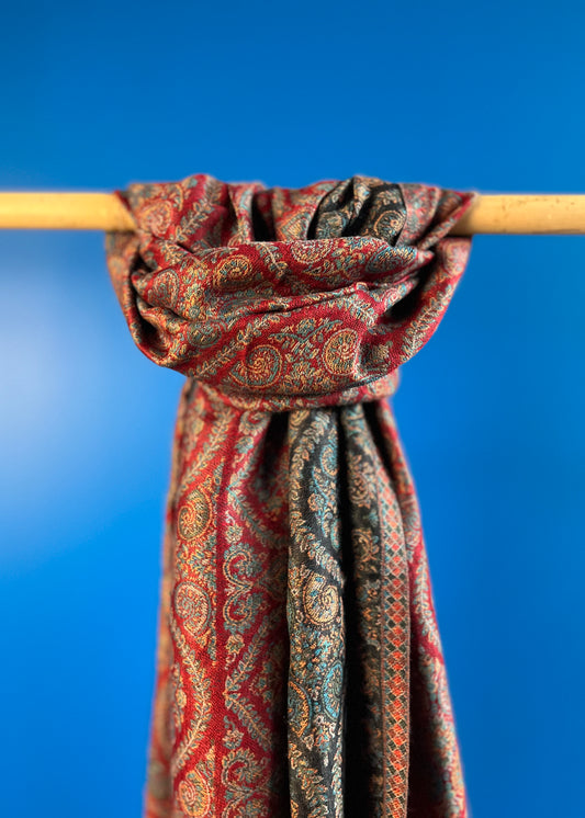 Wool Tencel Wide Scarf in Red Black- Pattern 3