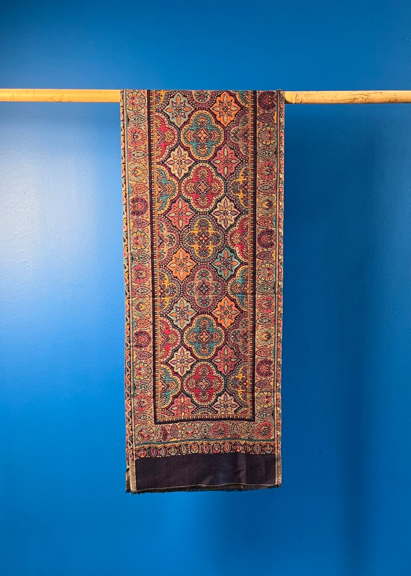 Wool Tencel Narrow Scarf in Navy Beige- Pattern 2