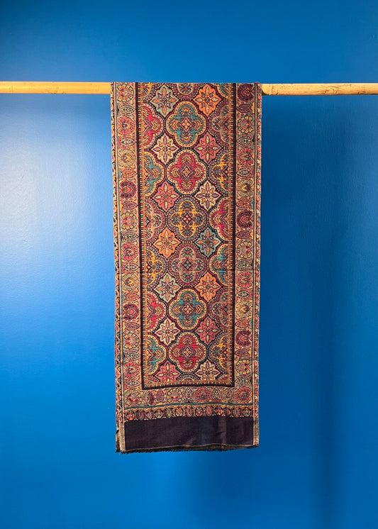 Wool Tencel Narrow Scarf in Navy Beige- Pattern 2