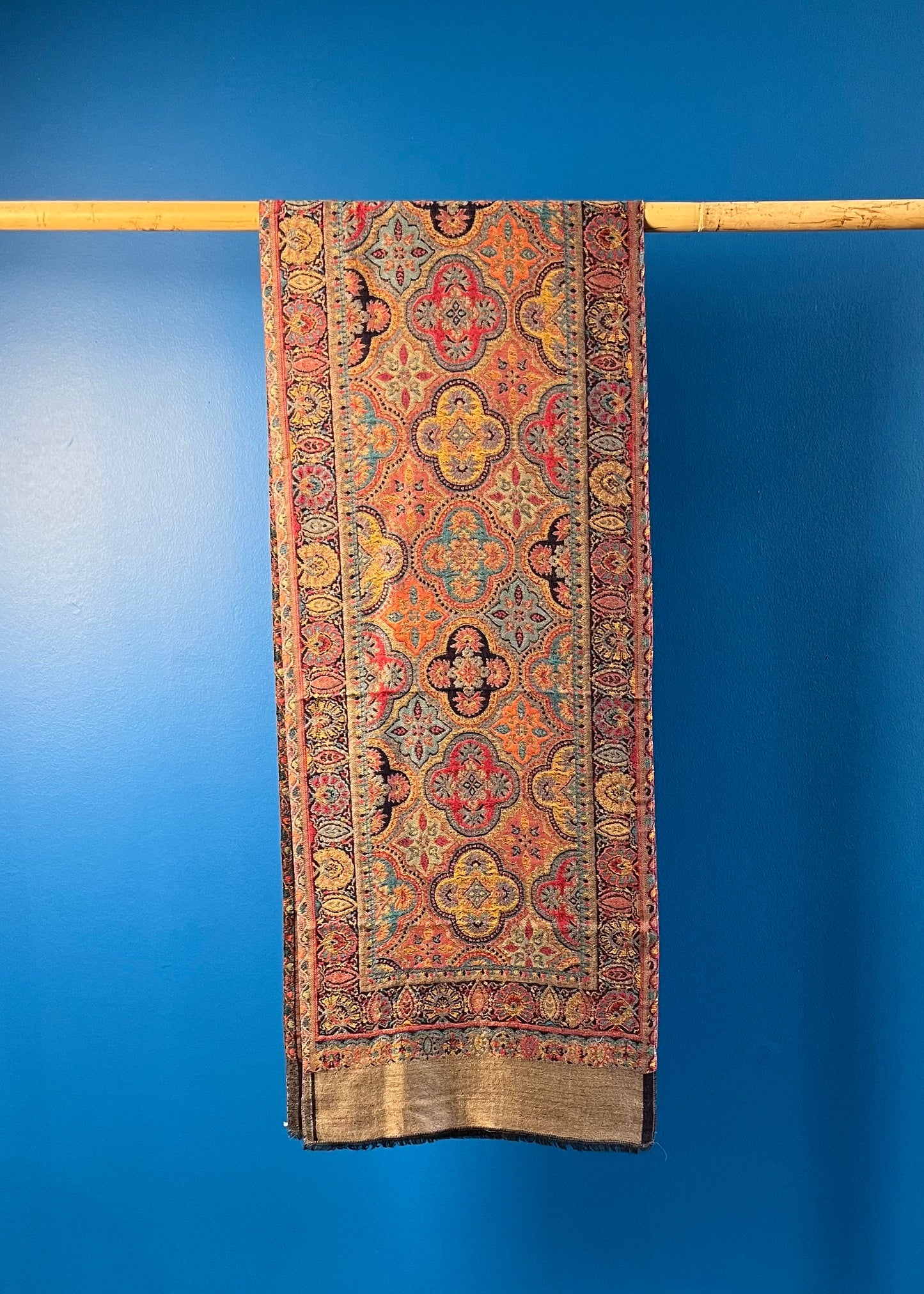 Wool Tencel Narrow Scarf in Navy Beige- Pattern 2