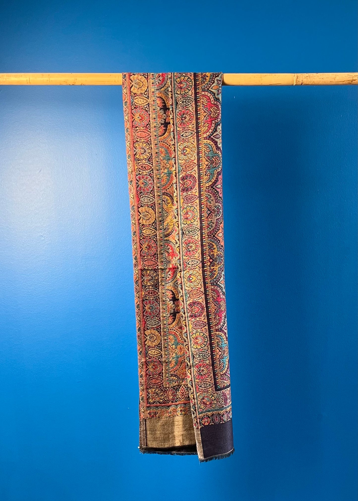 Wool Tencel Narrow Scarf in Navy Beige- Pattern 2