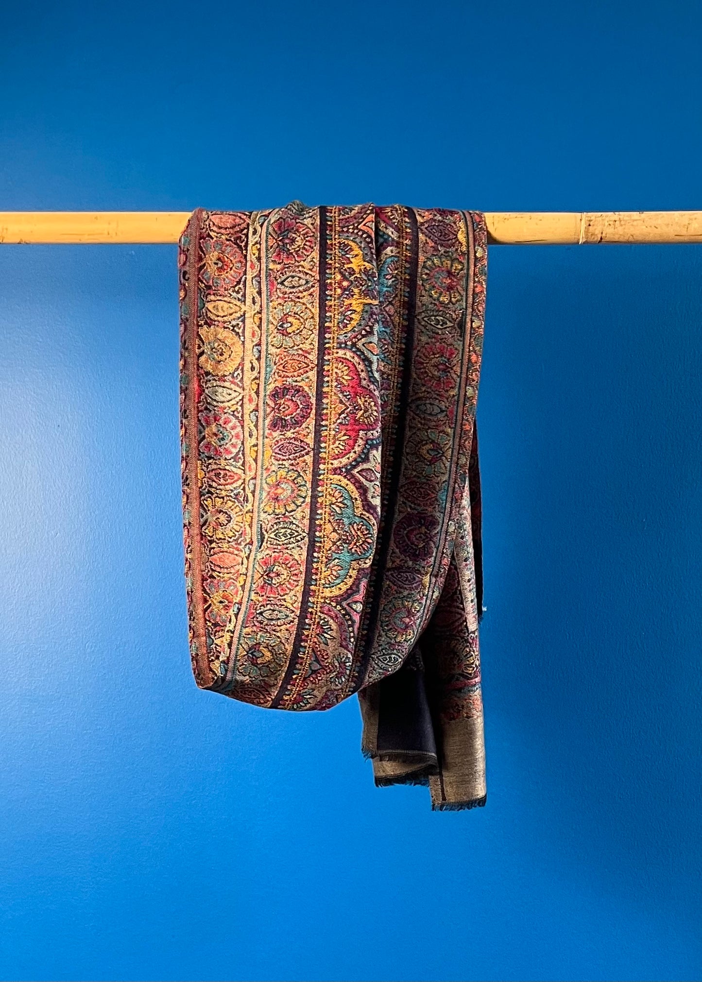 Wool Tencel Narrow Scarf in Navy Beige- Pattern 2