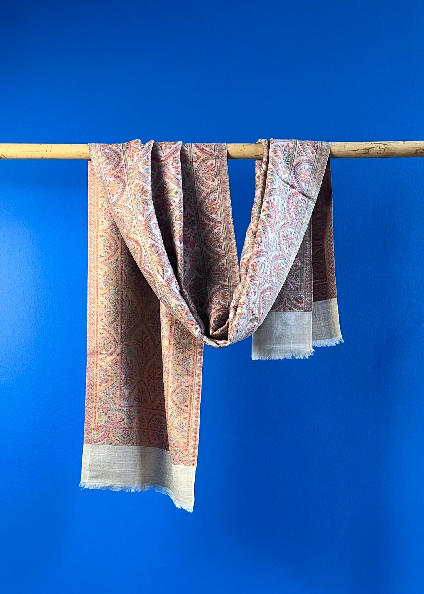 Wool Tencel Narrow Scarf in Beige Cream- Pattern 1