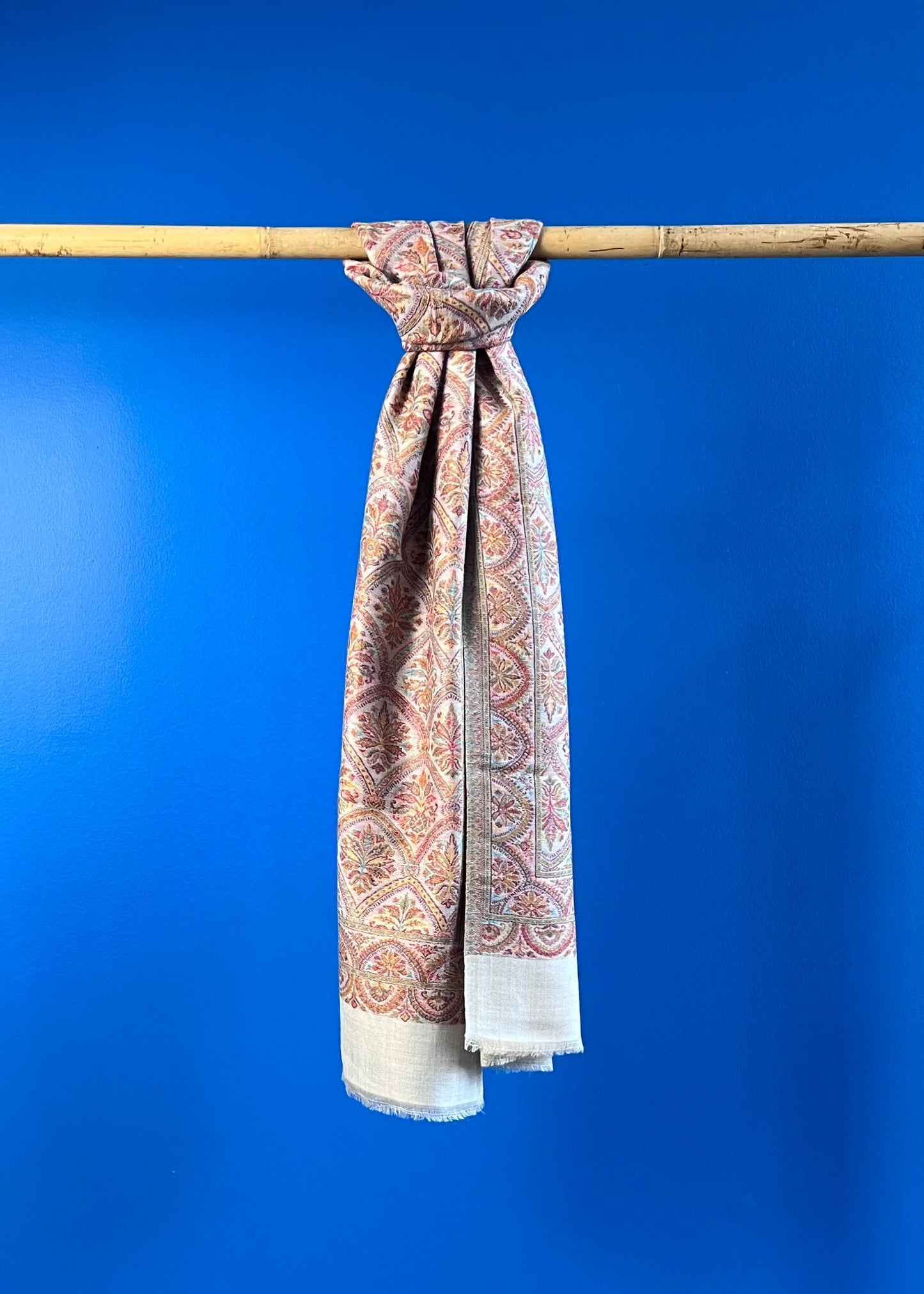 Wool Tencel Narrow Scarf in Beige Cream- Pattern 1