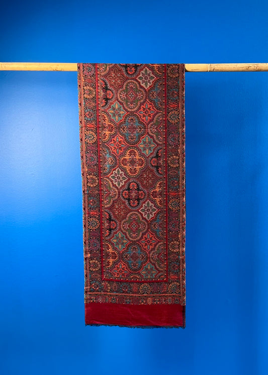 Wool Tencel Narrow Scarf in Red Black- Pattern 2