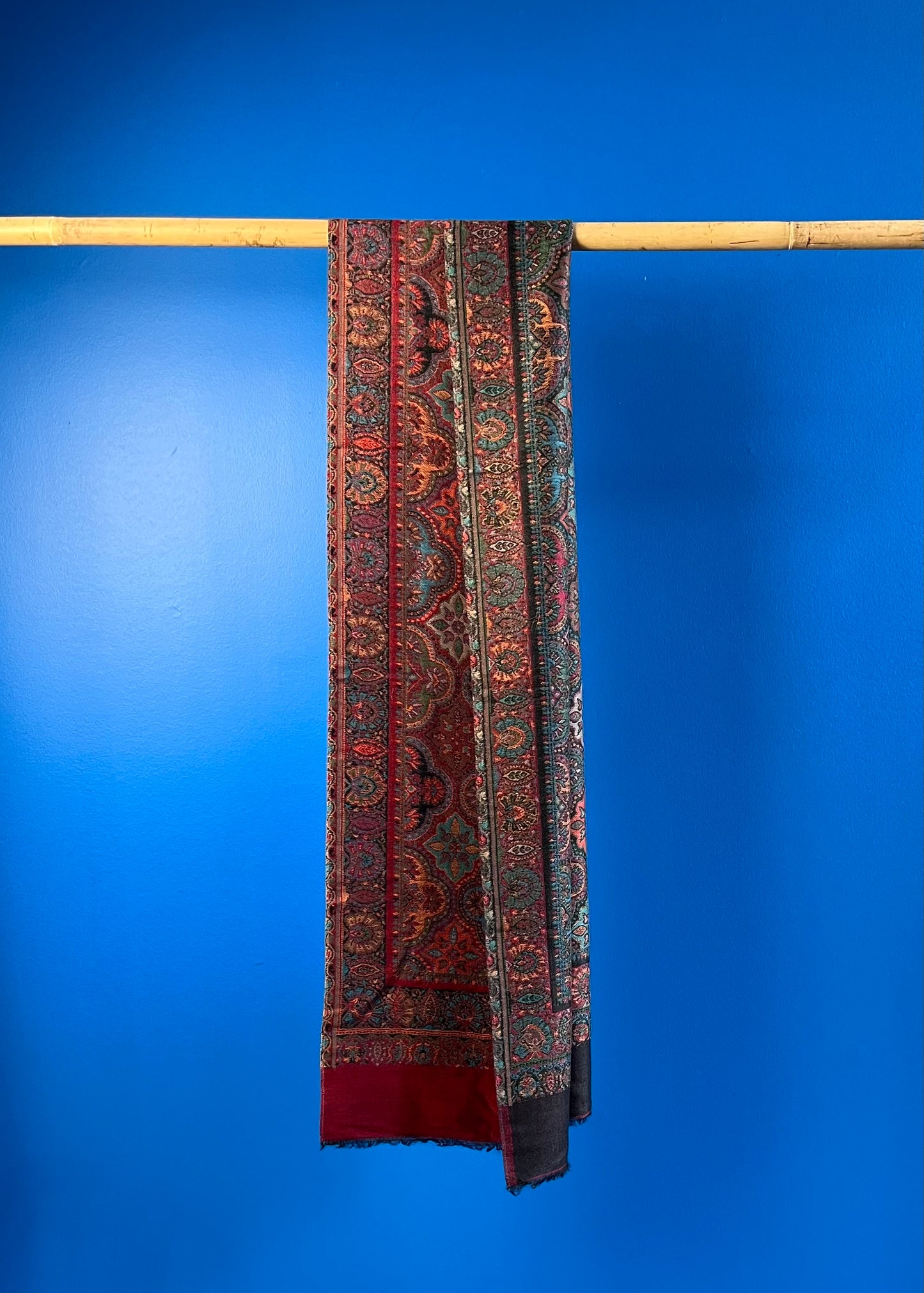 Wool Tencel Narrow Scarf in Red Black- Pattern 2