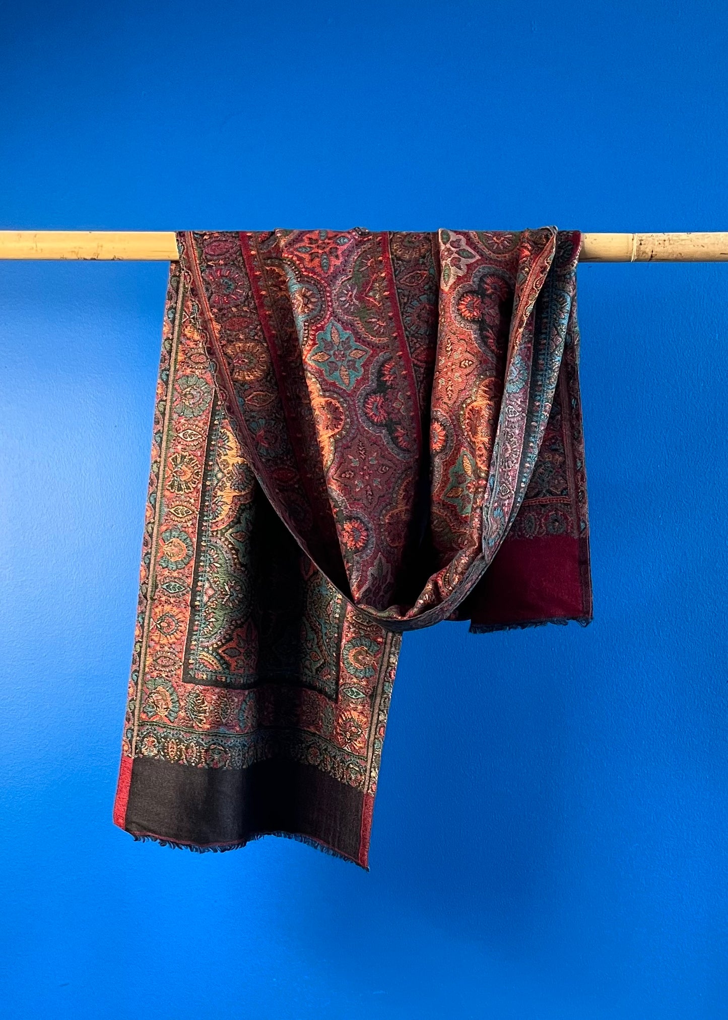 Wool Tencel Narrow Scarf in Red Black- Pattern 2