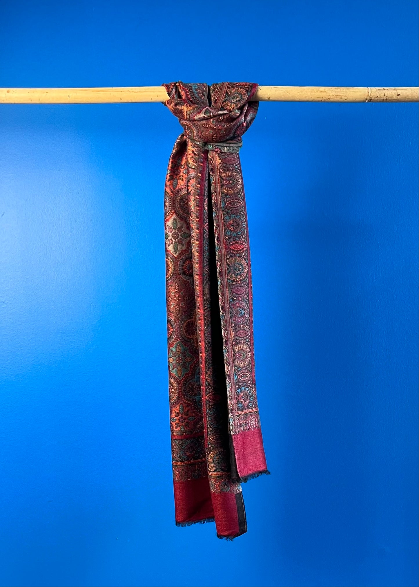 Wool Tencel Narrow Scarf in Red Black- Pattern 2