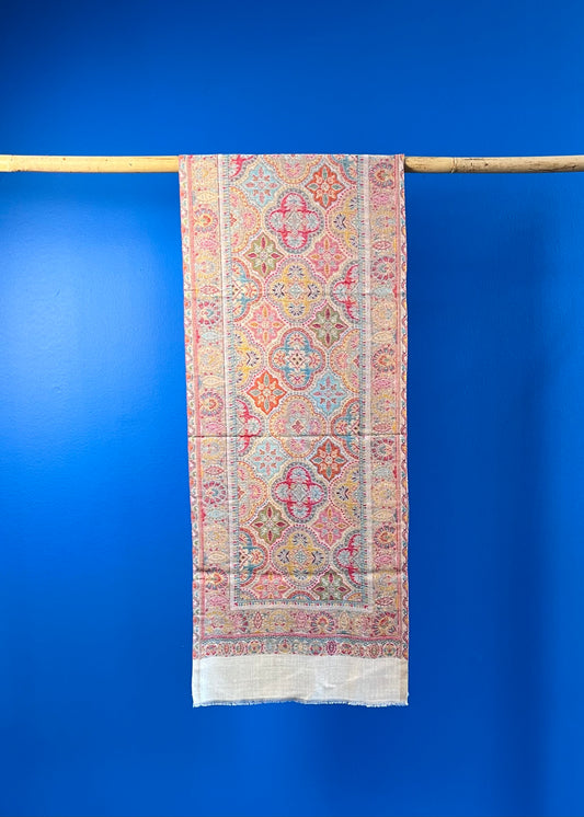 Wool Tencel Narrow Scarf in Beige Cream- Pattern 2