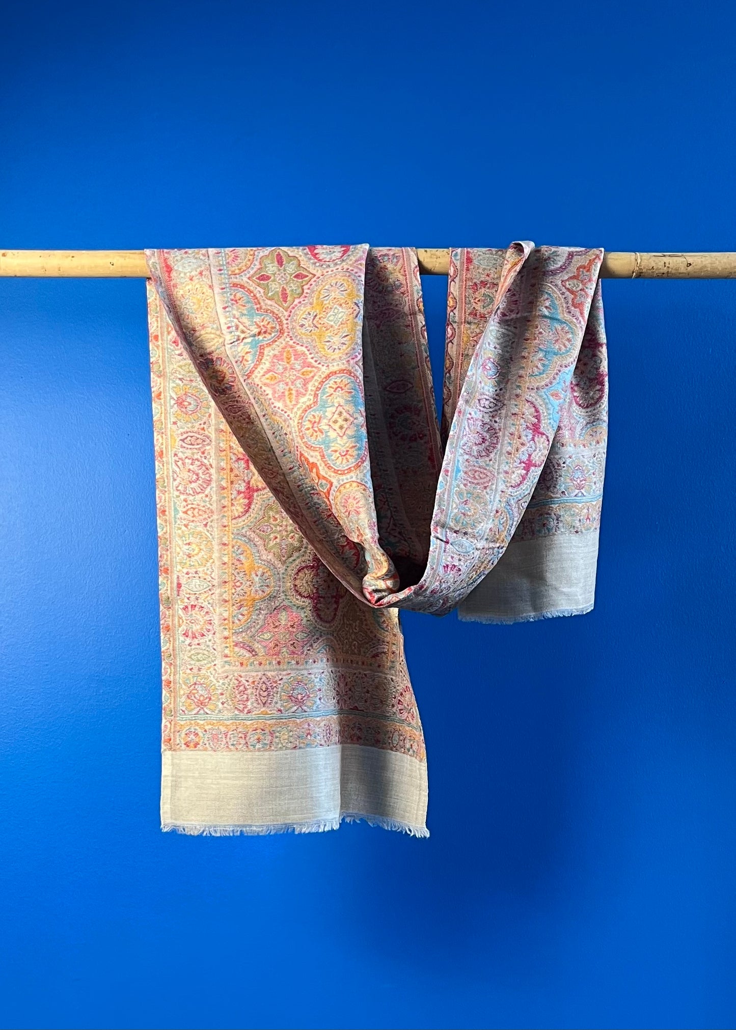 Wool Tencel Narrow Scarf in Beige Cream- Pattern 2