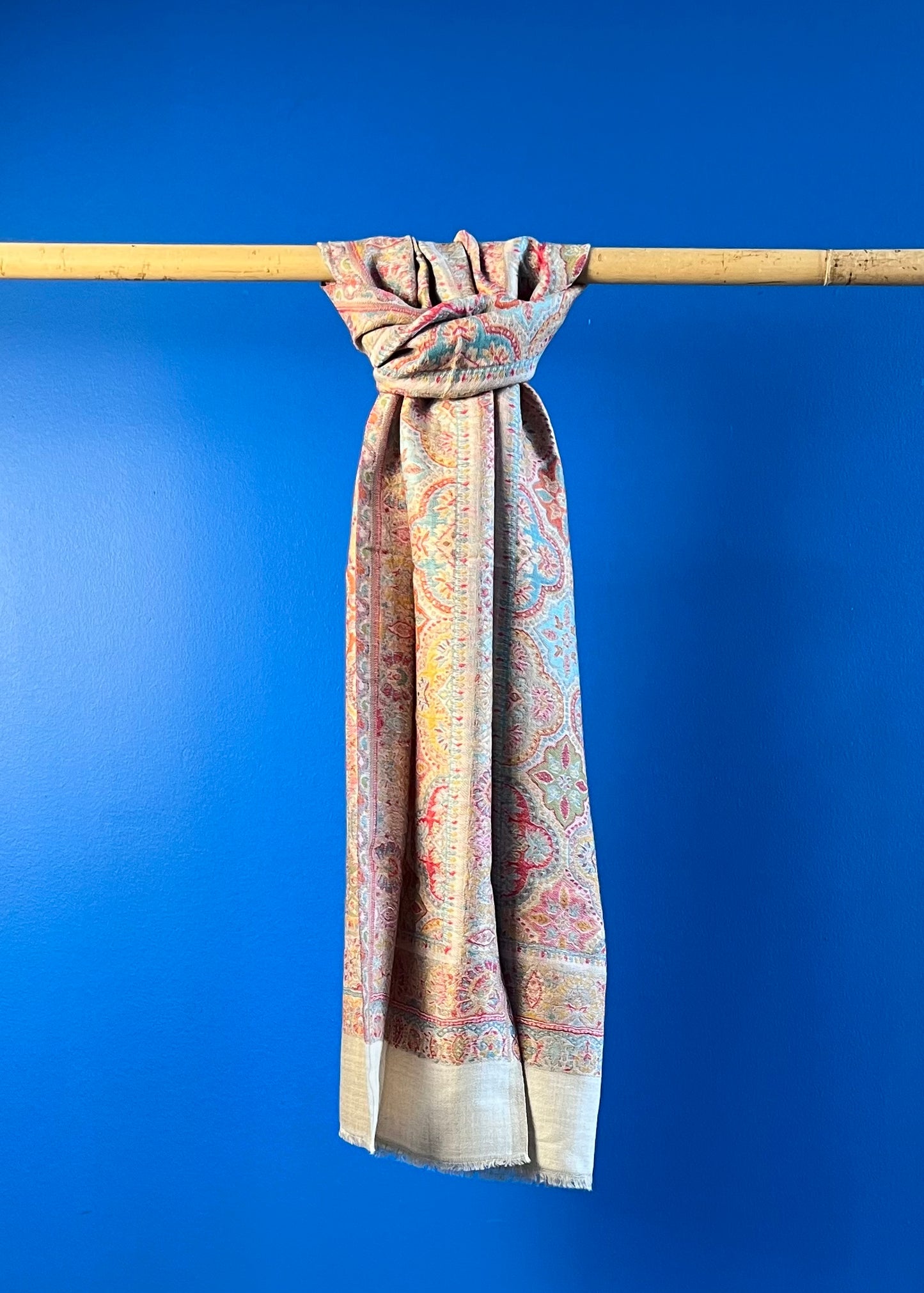 Wool Tencel Narrow Scarf in Beige Cream- Pattern 2