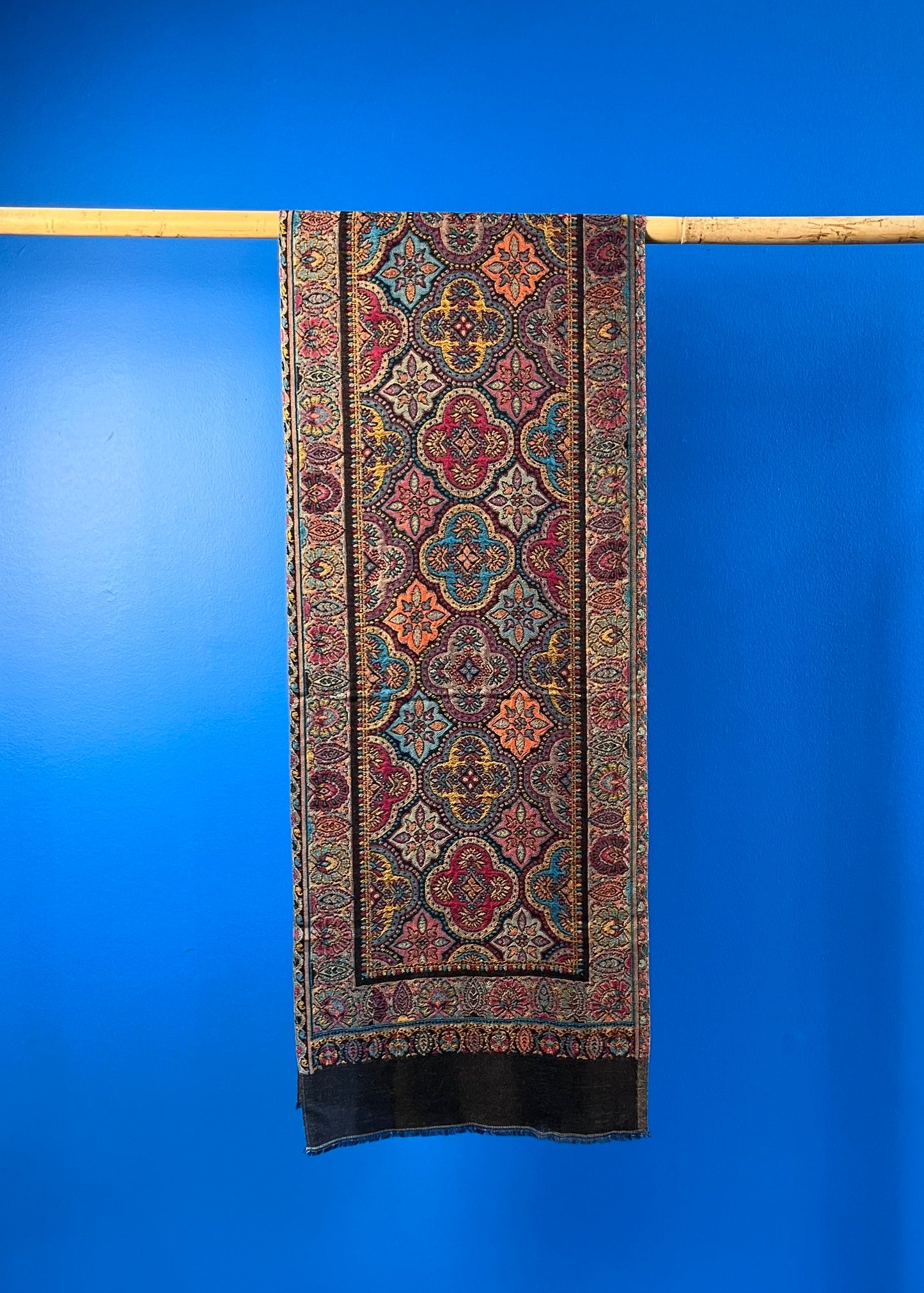 Wool Tencel Narrow Scarf in Black Beige- Pattern 2