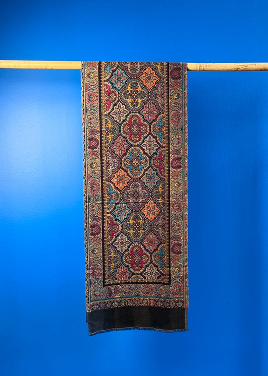 Wool Tencel Narrow Scarf in Black Beige- Pattern 2