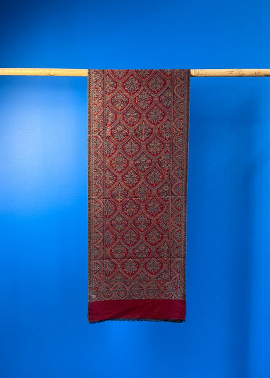 Wool Tencel Narrow Scarf in Red Black- Pattern 1