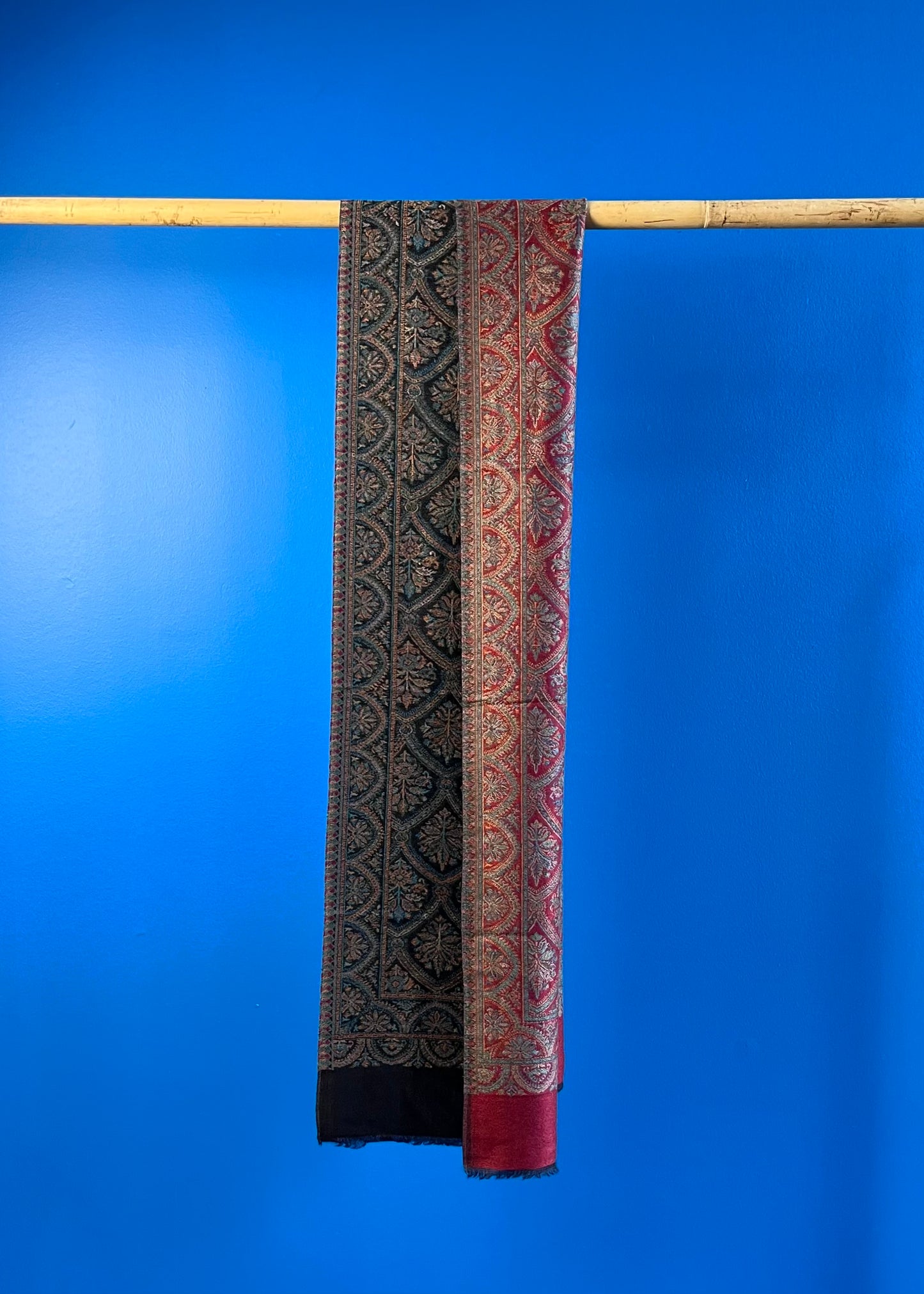 Wool Tencel Narrow Scarf in Red Black- Pattern 1