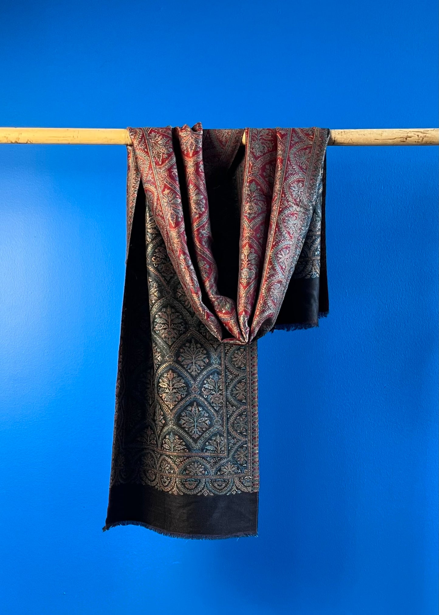 Wool Tencel Narrow Scarf in Red Black- Pattern 1