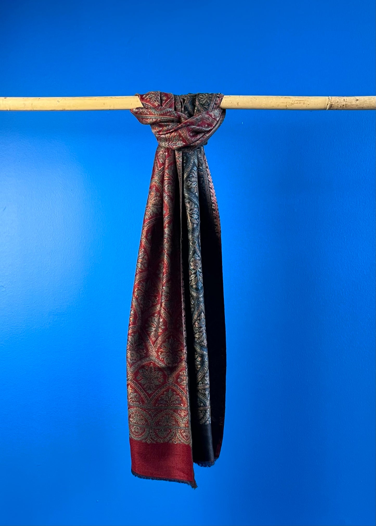 Wool Tencel Narrow Scarf in Red Black- Pattern 1