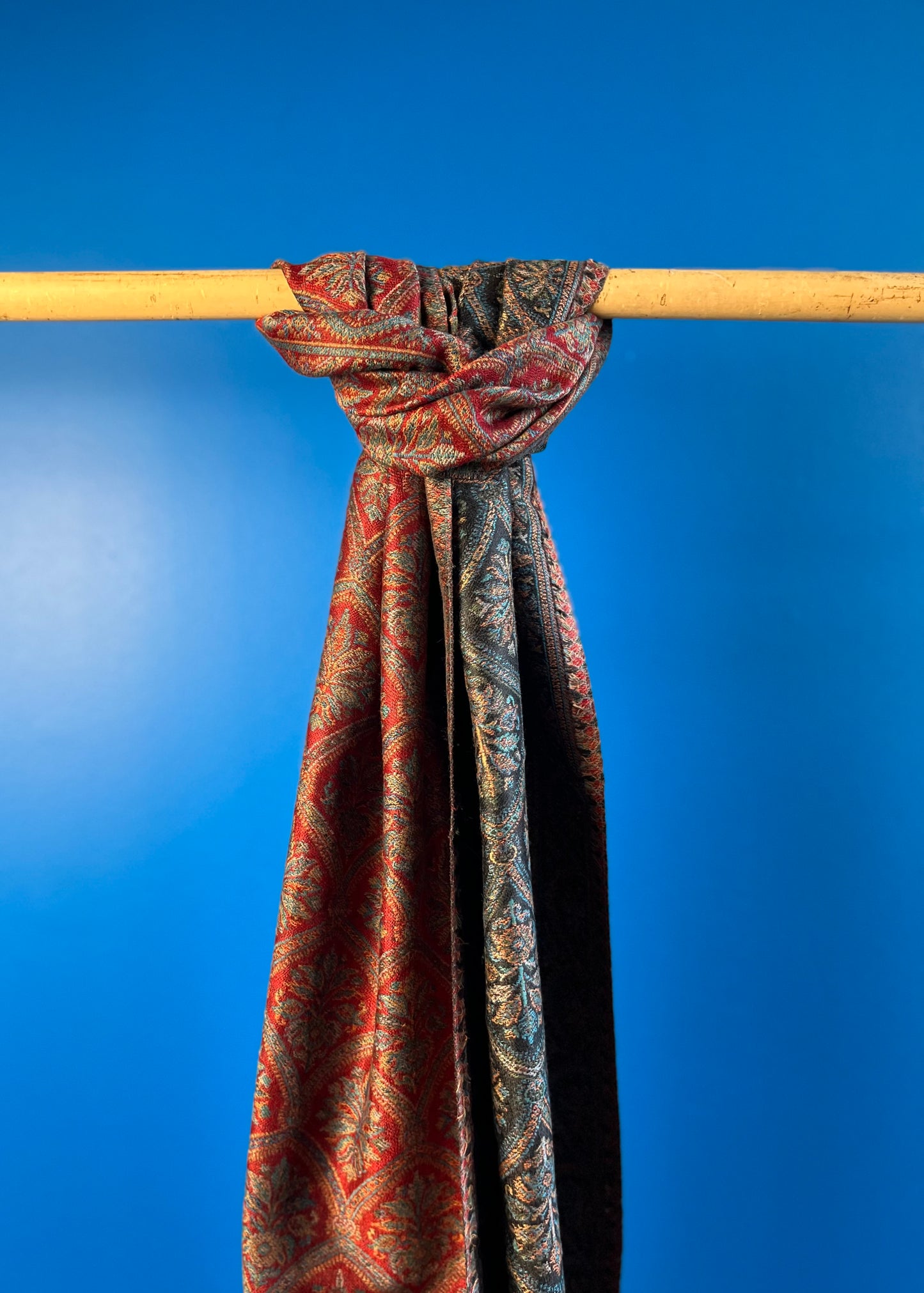 Wool Tencel Narrow Scarf in Red Black- Pattern 1