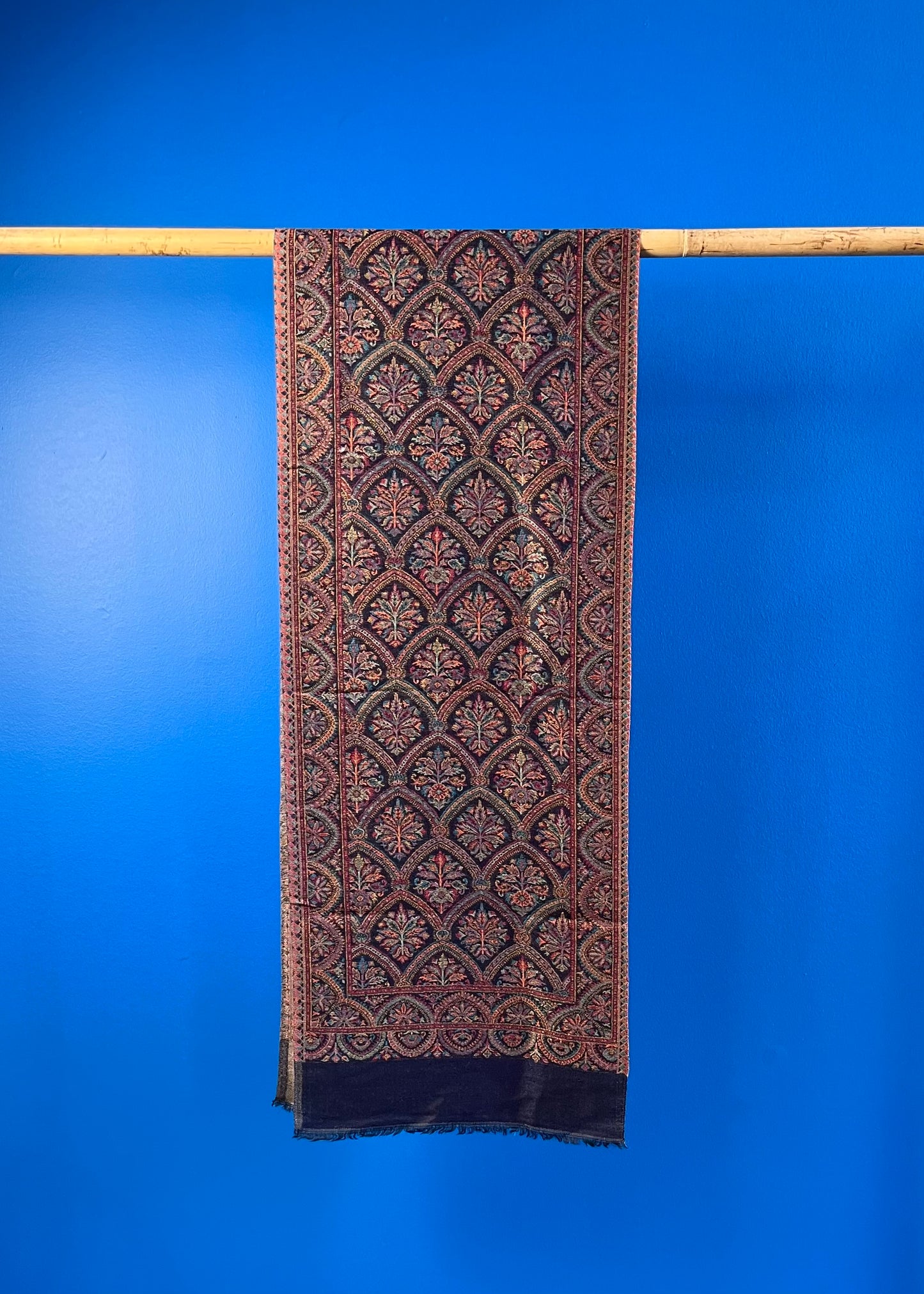 Wool Tencel Narrow Scarf in Navy Beige- Pattern 1