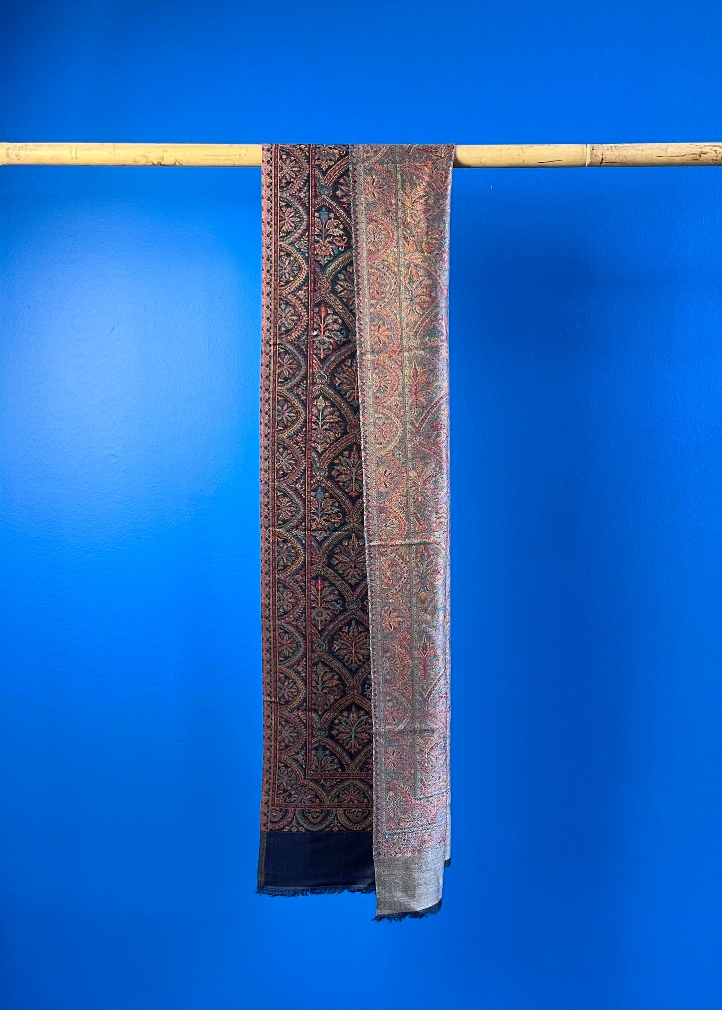 Wool Tencel Narrow Scarf in Navy Beige- Pattern 1