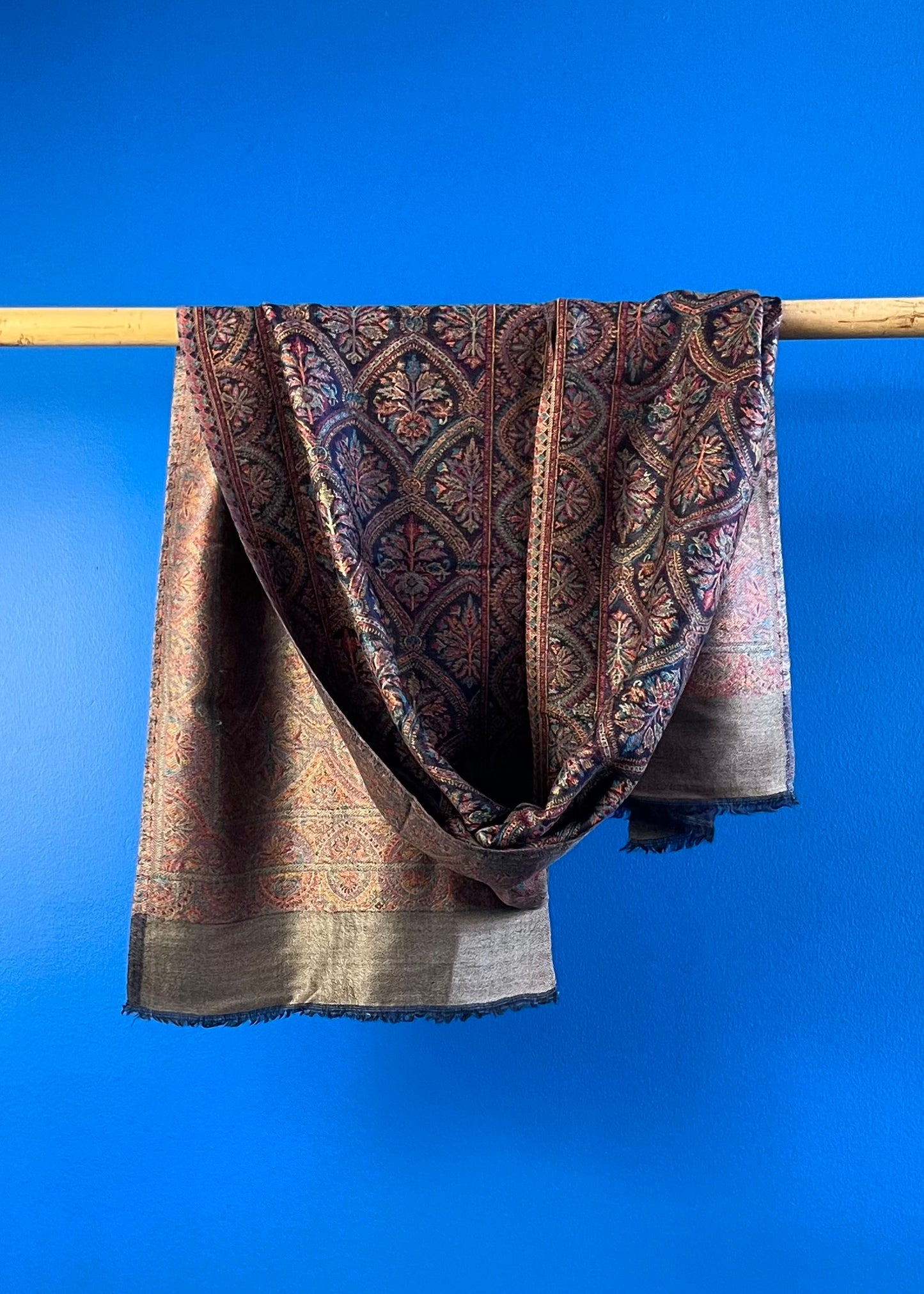 Wool Tencel Narrow Scarf in Navy Beige- Pattern 1