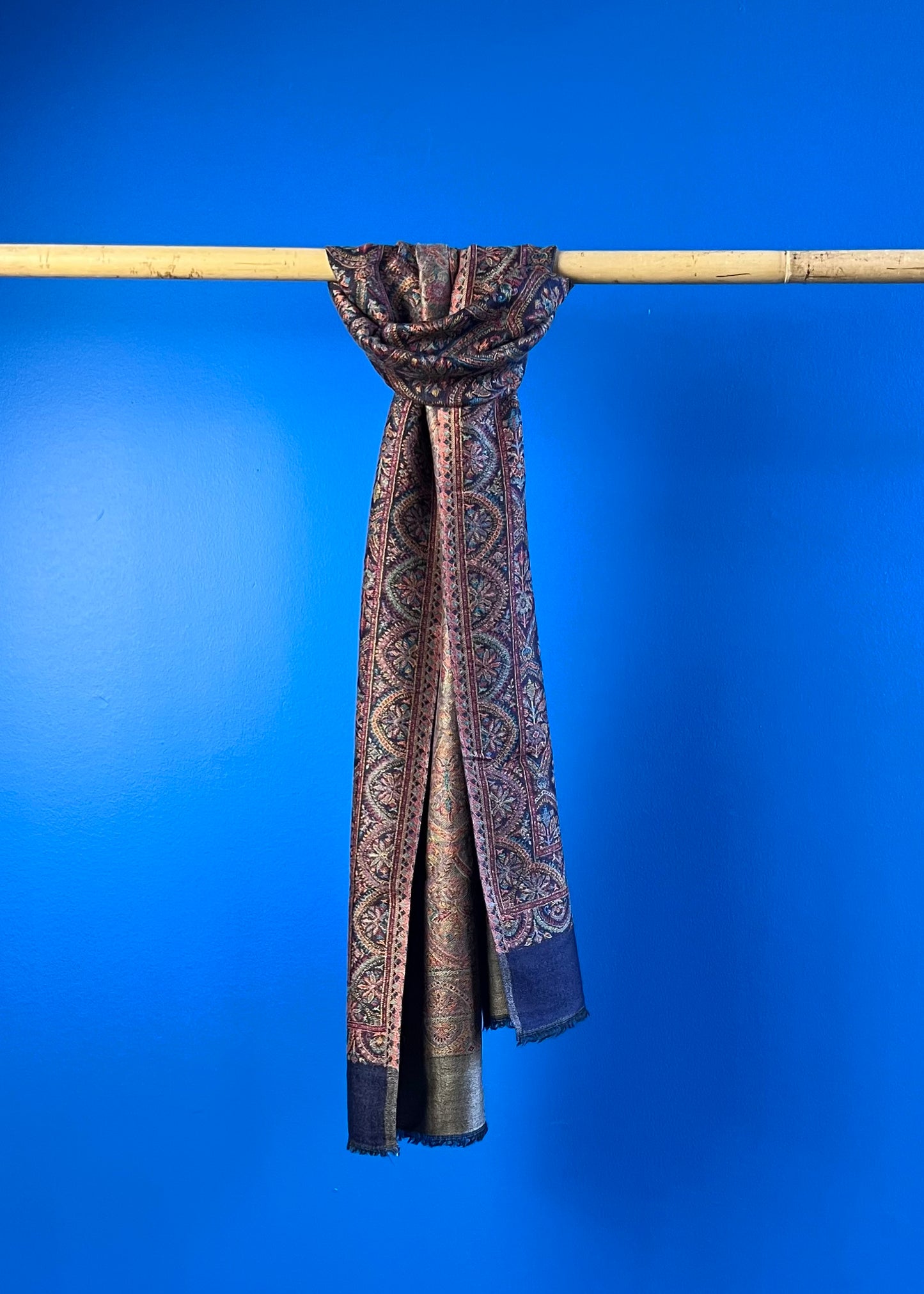 Wool Tencel Narrow Scarf in Navy Beige- Pattern 1