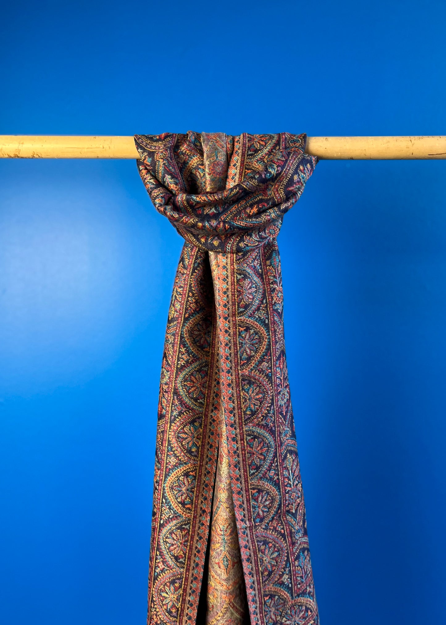 Wool Tencel Narrow Scarf in Navy Beige- Pattern 1