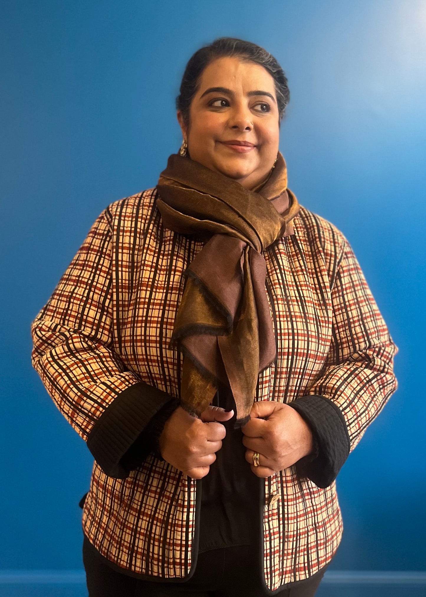 Wool Tencel Wide Scarf in Brown