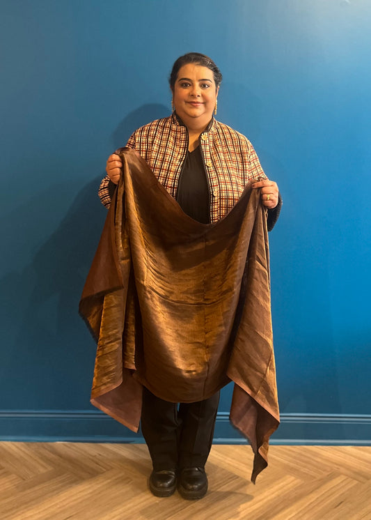 Wool Tencel Wide Scarf in Brown