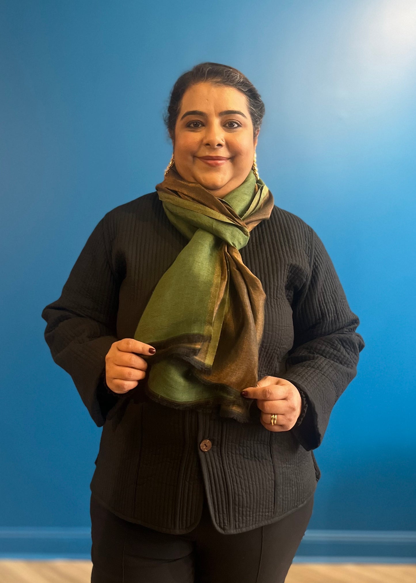 Wool Tencel Wide Scarf in Green