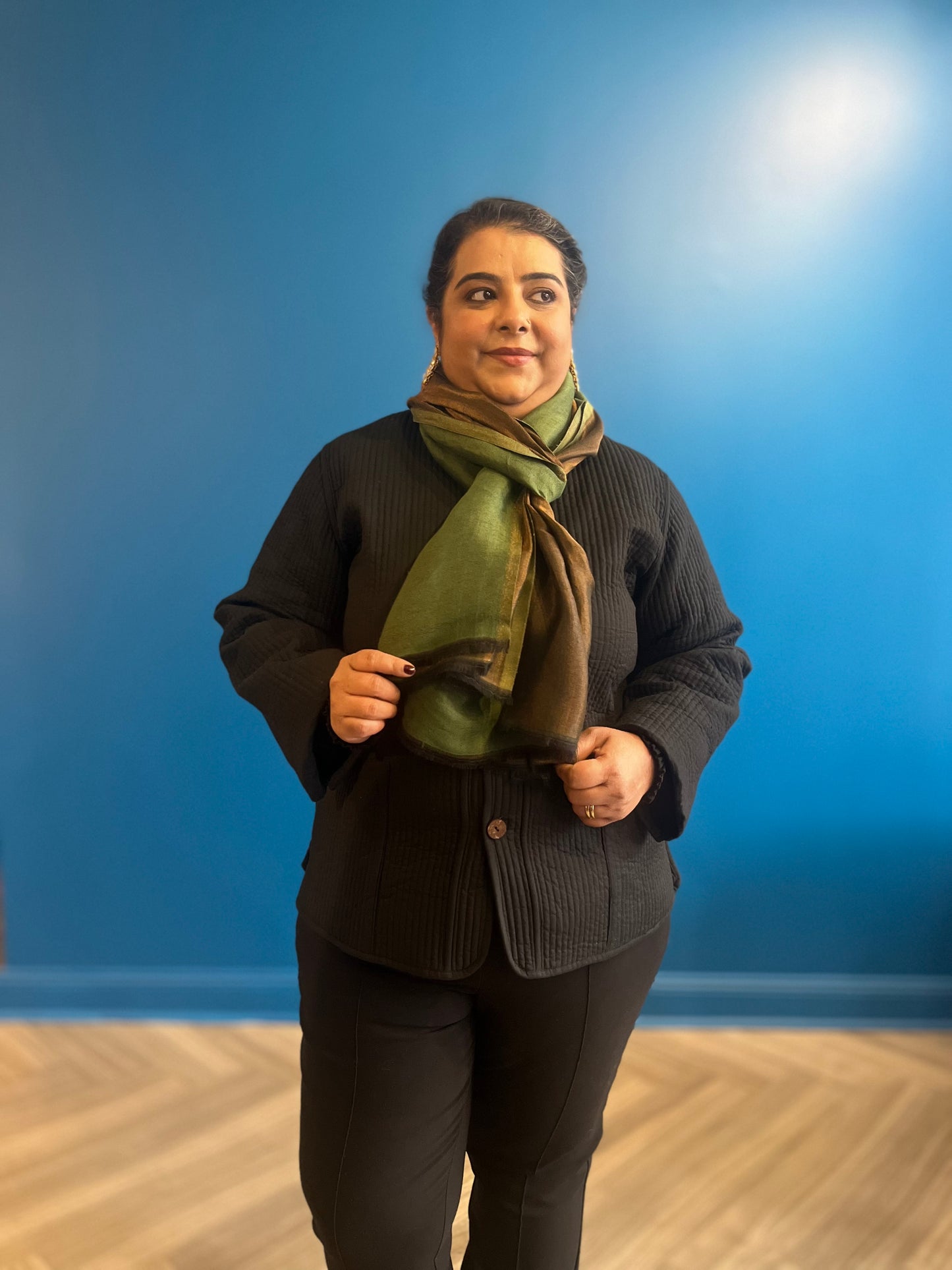 Wool Tencel Wide Scarf in Green