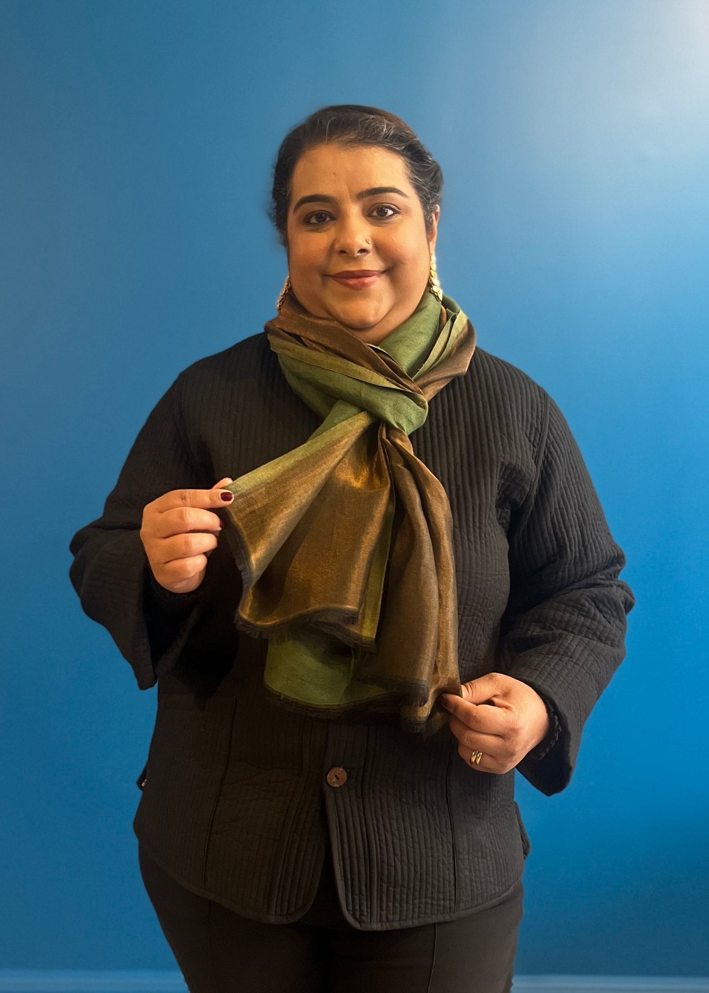 Wool Tencel Wide Scarf in Green