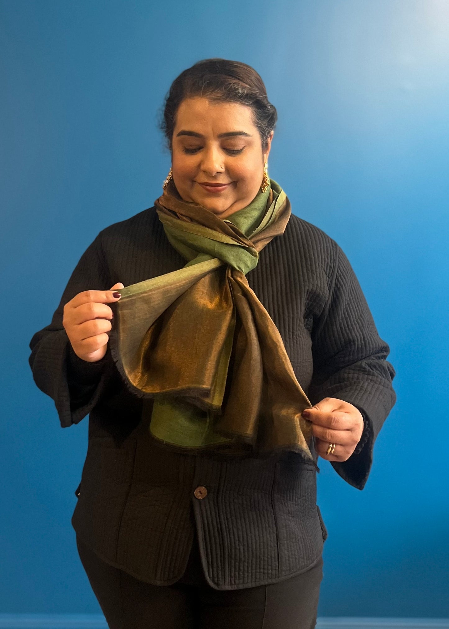 Wool Tencel Wide Scarf in Green