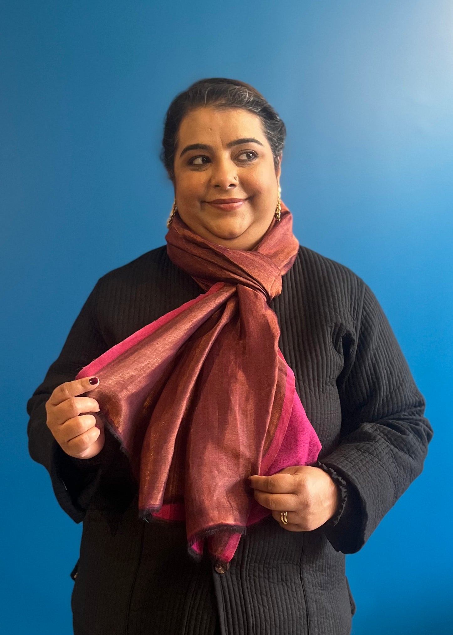 Wool Tencel Wide Scarf in Fuschia