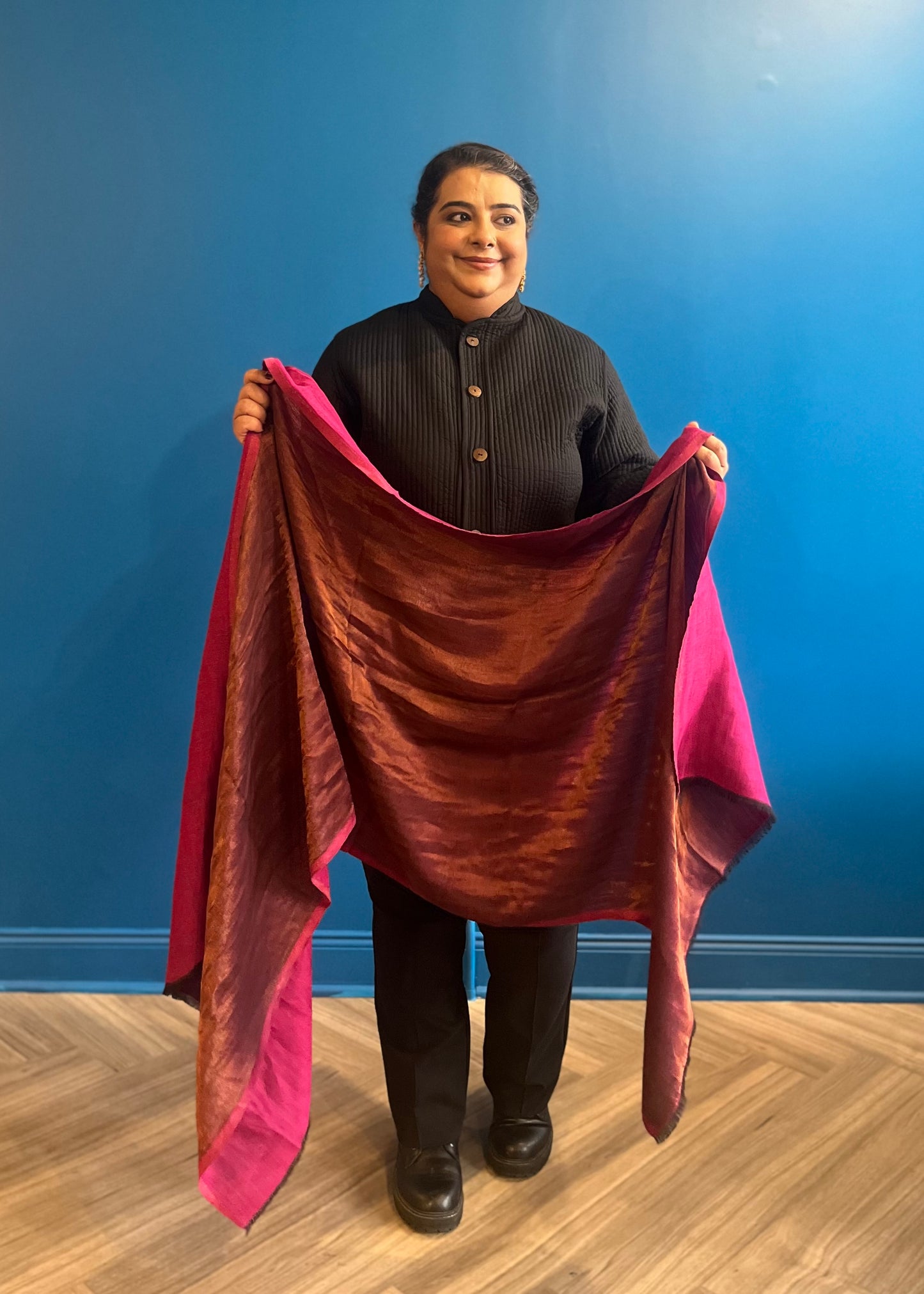 Wool Tencel Wide Scarf in Fuschia