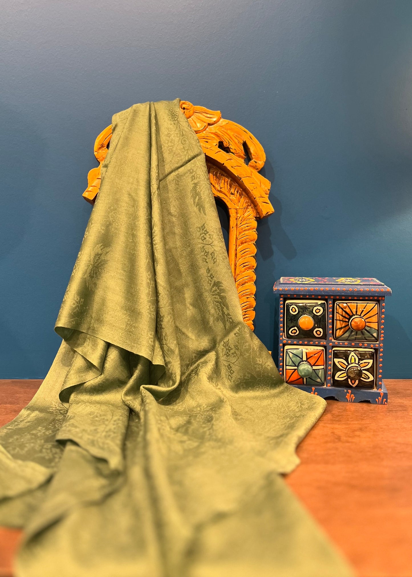 Cashmere Silk Wool Wide Scarf in Green