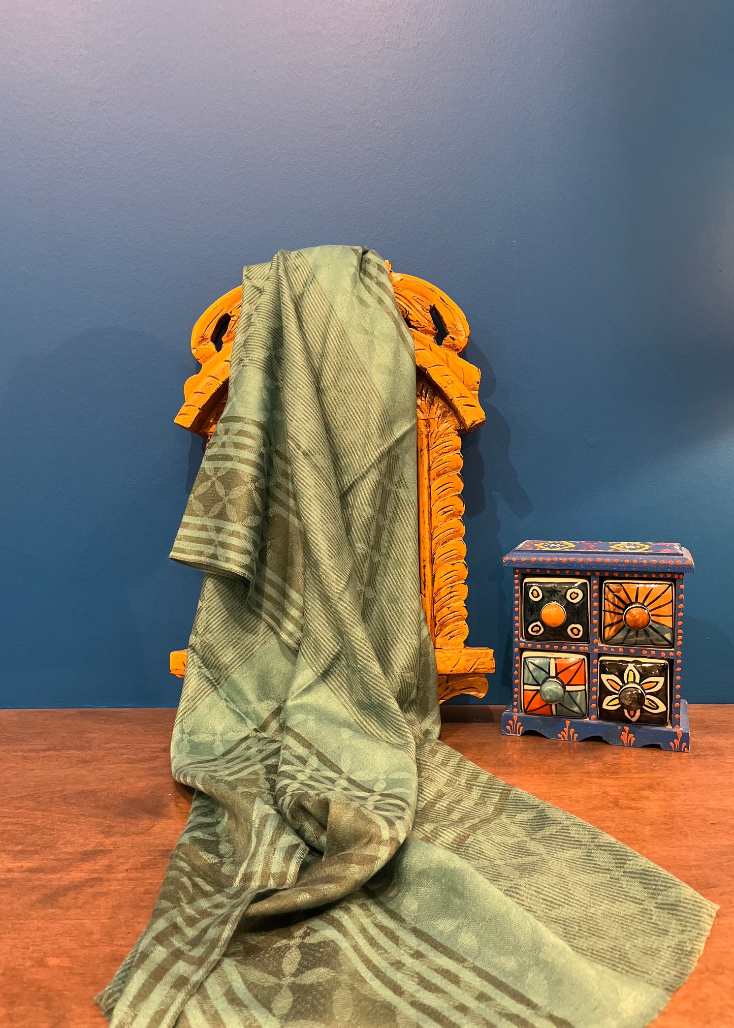 Cashmere Silk Wool Wide Scarf in Textured Green