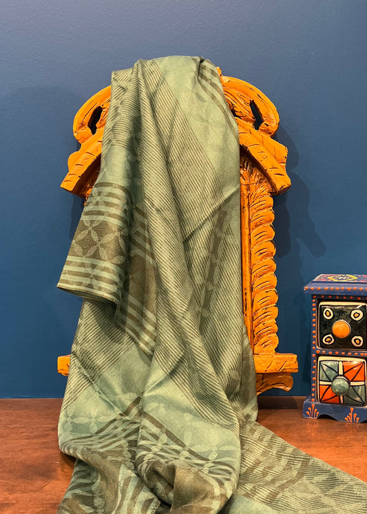 Cashmere Silk Wool Wide Scarf in Textured Green