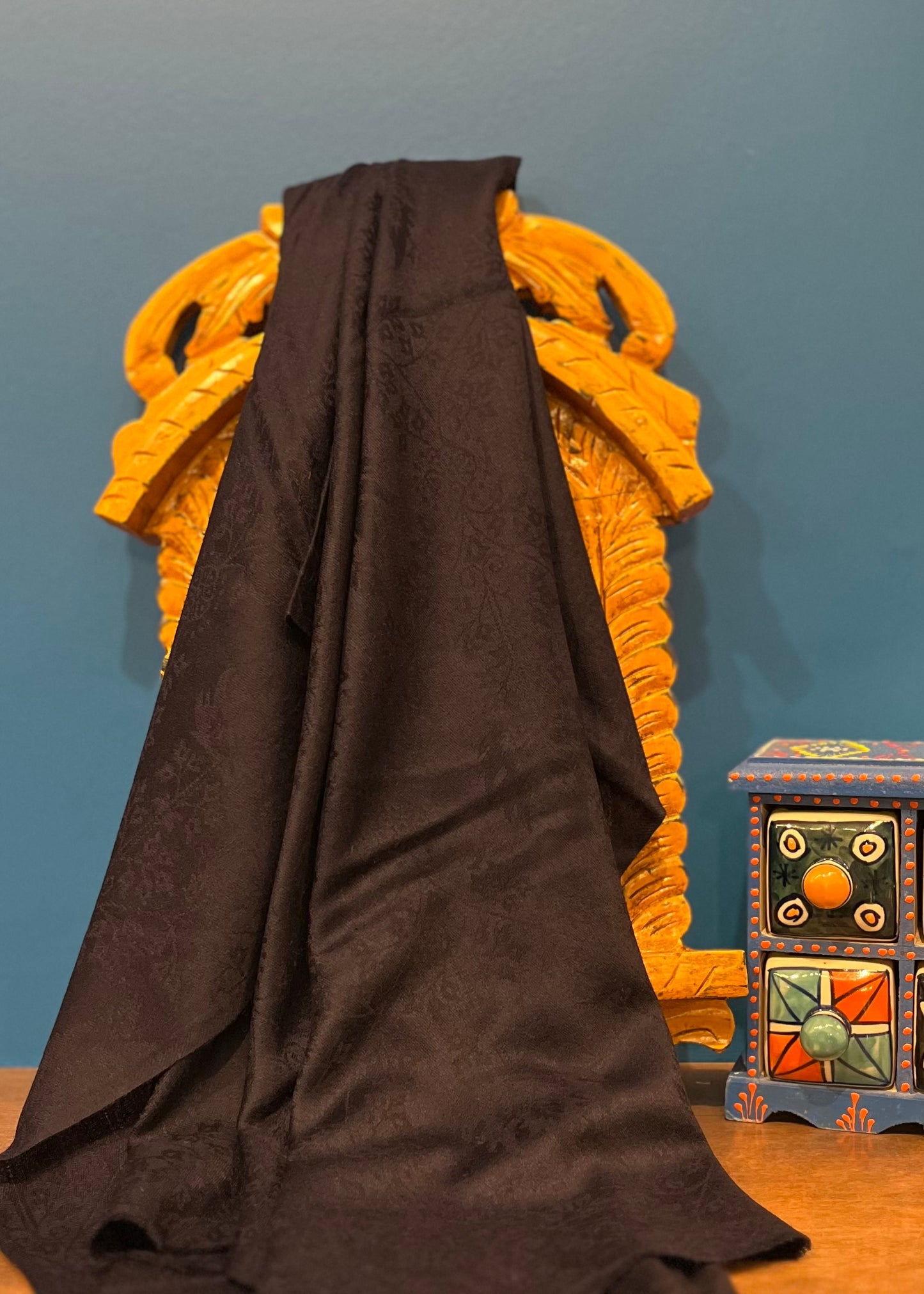 Cashmere Silk Wool Wide Scarf in Navy Blue