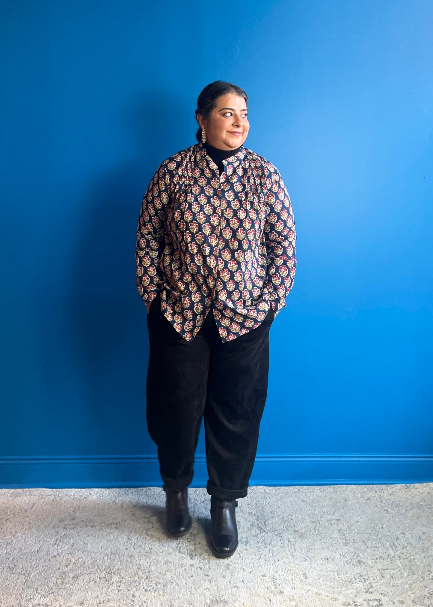 Blouse with Tucks ~ Navy Blue Red