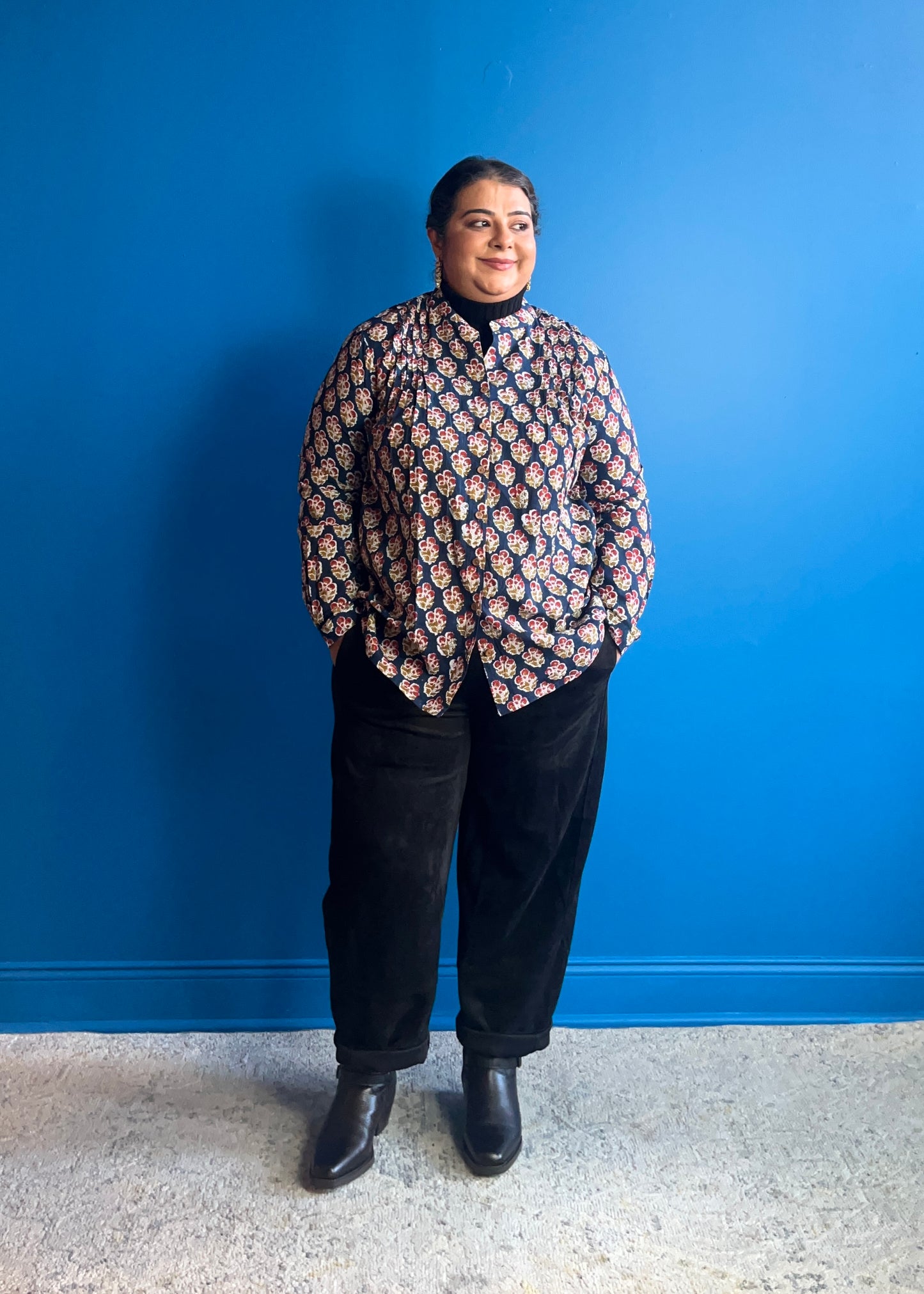 Blouse with Tucks ~ Navy Blue Red