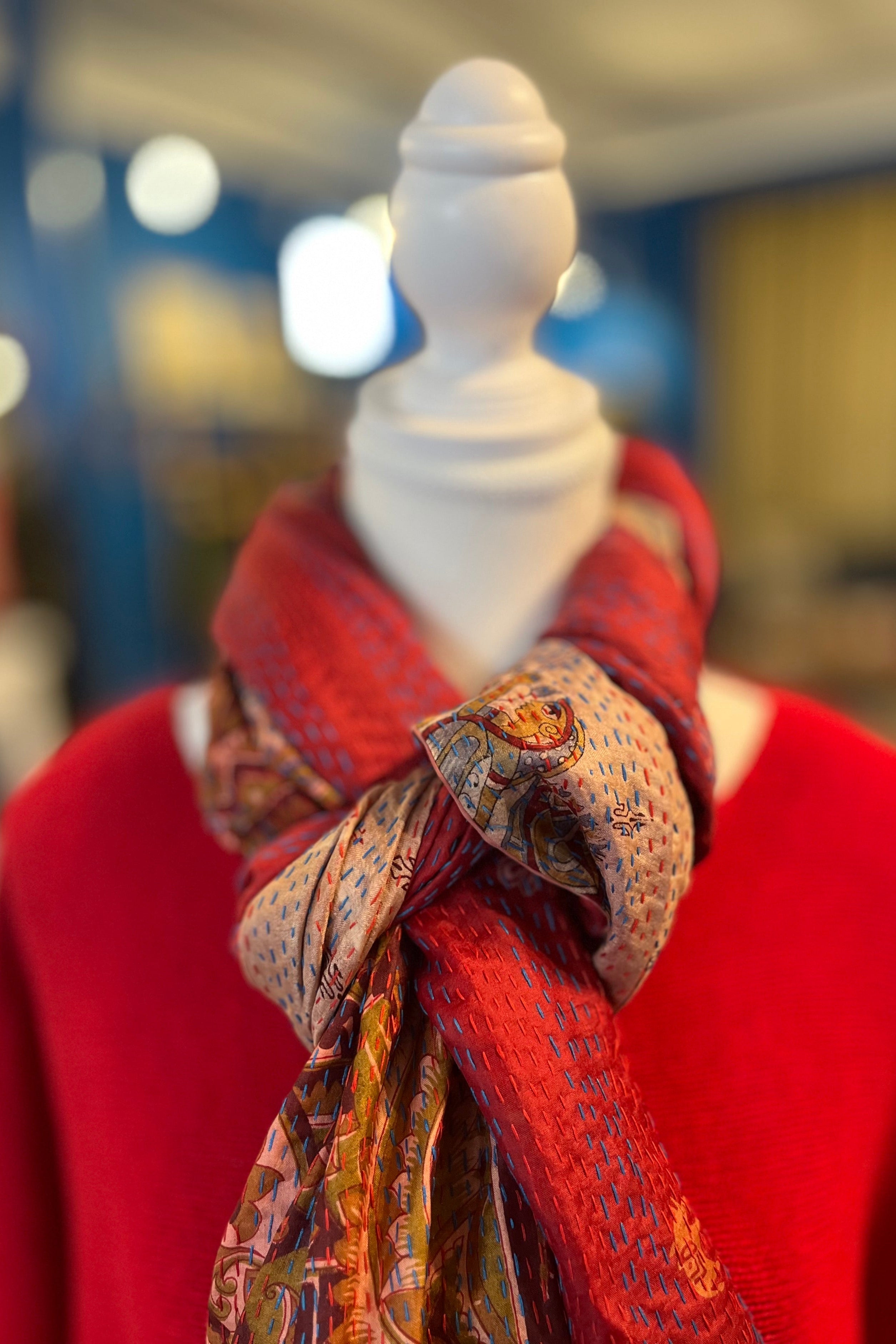 Silk/Silk Blend Kantha Scarf in Wine Beige Red