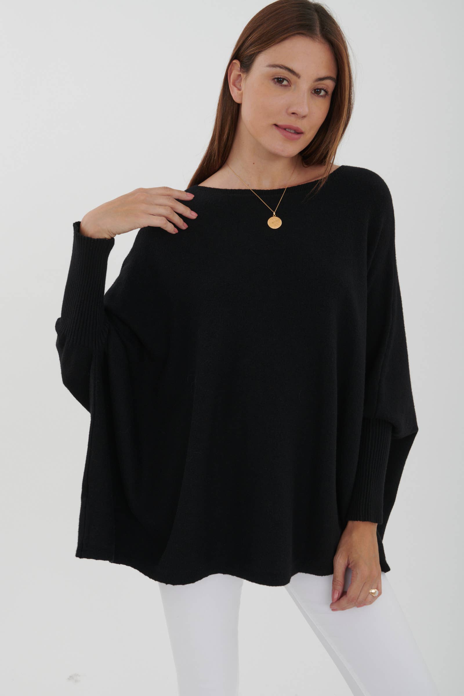 LEL-T8717 plain knit tunic sweater: Ecru / One size